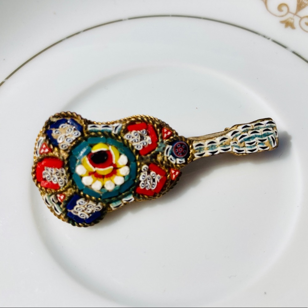 Exquisite VTG Italian Micro Mosaic Guitar Brooch